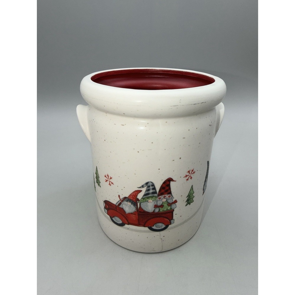 Peppermint & Pine Christmas Gnome Stoneware Utensil Crock Red Truck Holiday